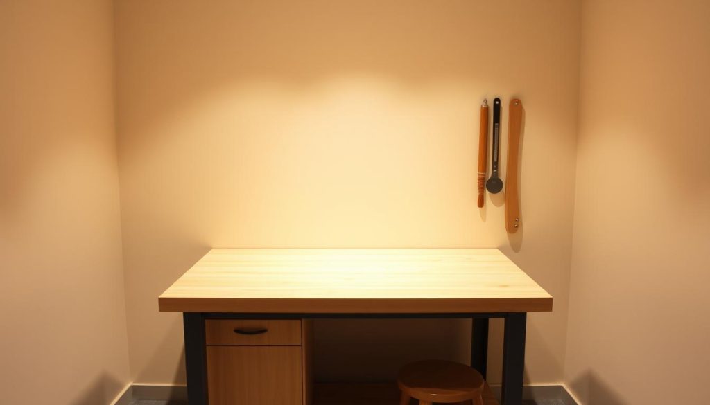 A compact, custom-made kitchen or workshop workbench in a well-lit, modern setting. The workbench features a sleek, minimalist design with a smooth, sturdy surface in a neutral tone, complemented by clean lines and a functional layout. Soft, diffused lighting casts a warm glow, highlighting the workbench's clean, precise lines and creating a welcoming, productive atmosphere. The workbench is positioned against a backdrop of neutral-toned walls, allowing the focus to remain on its elegant, tailored design. The overall composition conveys a sense of efficiency, quality, and a thoughtful, personalized approach to workspace design. A compact, custom-made kitchen or workshop workbench in a well-lit, modern setting. The workbench features a sleek, minimalist design with a smooth, sturdy surface in a neutral tone, complemented by clean lines and a functional layout. Soft, diffused lighting casts a warm glow, highlighting the workbench's clean, precise lines and creating a welcoming, productive atmosphere. The workbench is positioned against a backdrop of neutral-toned walls, allowing the focus to remain on its elegant, tailored design. The overall composition conveys a sense of efficiency, quality, and a thoughtful, personalized approach to workspace design.