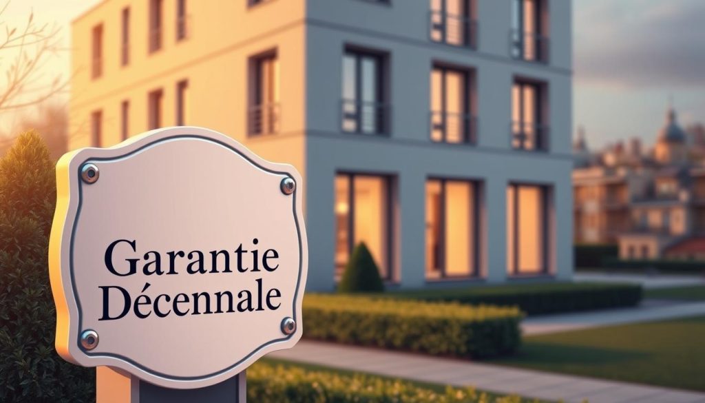 A detailed architectural illustration of a "garantie décennale" or ten-year construction warranty in France. The scene depicts a modern building in a warm, golden-hour lighting, with clean lines and minimalist design. The focus is on the building's facade, showcasing its elegant, minimalist aesthetic. In the foreground, a prominent plaque displays the text "Garantie Décennale" in a classic serif font, emphasizing the legal requirement for this type of construction warranty. The mid-ground features a well-manicured landscaping, including neatly trimmed hedges and a paved walkway leading to the building's entrance. The background showcases a gently blurred urban skyline, hinting at the building's location within a thriving city. The overall mood is one of professionalism, reliability, and adherence to French construction regulations.