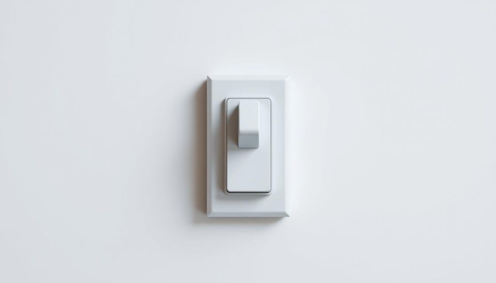 A detailed, technically-accurate image of an "interrupteur va-et-vient" (double-pole, double-throw light switch) against a clean, minimalist background. The switch is centered in the frame, illuminated by soft, natural lighting that highlights its sleek, modern design. The switch's mechanism is clearly visible, showcasing its inner workings and the smooth, tactile feel of the toggle. The overall mood is one of understated elegance and precision, reflecting the functional simplicity of this essential electrical component.