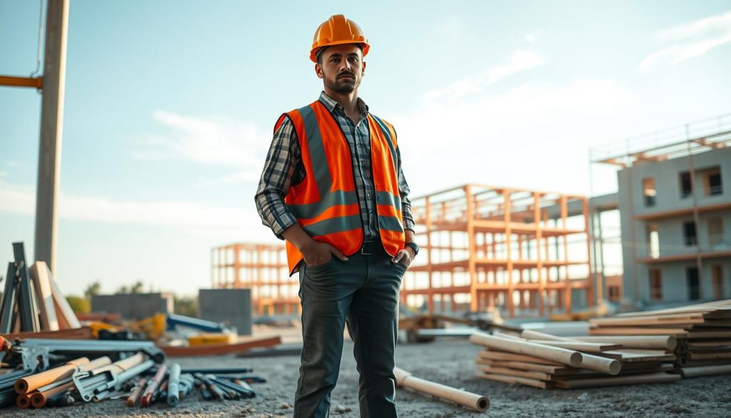 A hardworking auto-entrepreneur standing in a well-lit construction site, wearing a high-visibility vest and hard hat. In the foreground, an array of construction tools and materials are neatly organized, conveying a sense of professionalism and attention to detail. In the middle ground, a partially completed building structure stands, its frame and scaffolding visible, hinting at the ongoing project. The background features a clear blue sky with a few wispy clouds, creating a calming and productive atmosphere. The overall scene captures the essence of the building trade and the dedicated auto-entrepreneur at the heart of it.