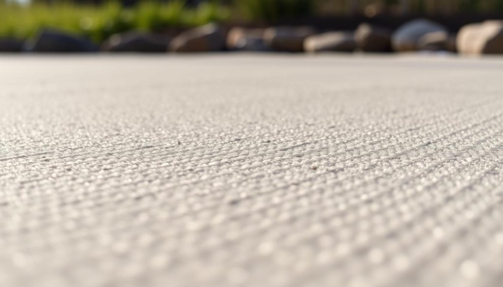A high-quality geotextile fabric lies on the ground, its intricate woven pattern visible in fine detail. The fabric is a neutral gray color, lending a subtle, natural aesthetic. Soft shadows cast across the material, indicating a gentle, diffused lighting source from above. The geotextile occupies the center of the frame, filling the middle ground, with a blurred, out-of-focus background suggesting a natural, outdoor setting. The overall mood is one of understated utility and durability, perfectly suited to illustrate the key role of geotextile in the installation of synthetic grass.