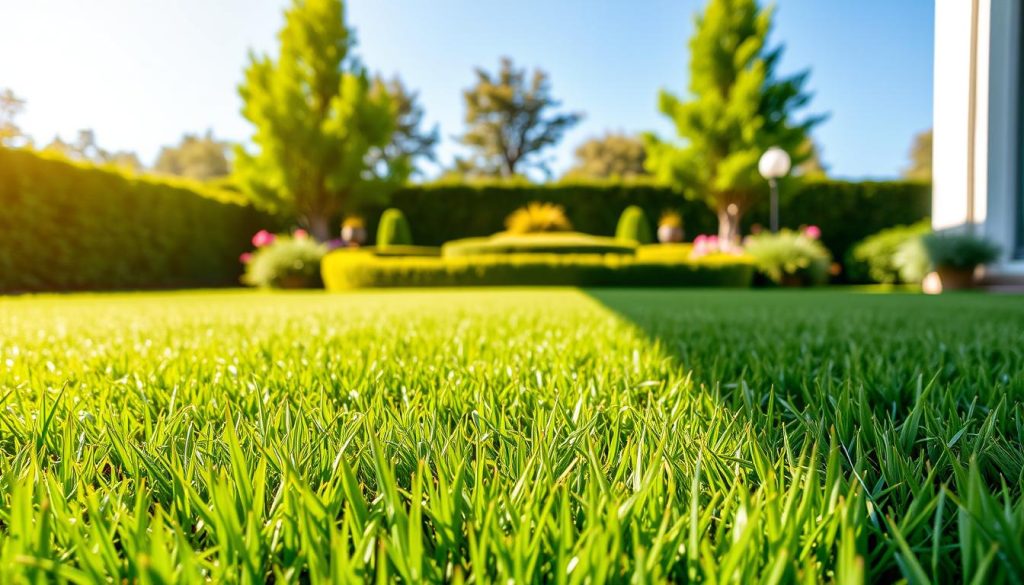 A lush, premium synthetic lawn with a vibrant green hue, showcasing its high-quality fibers and realistic texture. The blades sway gently in a warm, natural light, creating a serene and inviting ambiance. The lawn stretches out in the foreground, leading the eye towards a well-manicured garden in the middle ground, framed by a backdrop of verdant trees and a clear blue sky. The scene evokes a sense of timeless elegance and effortless sophistication, perfectly suited for a premium outdoor living space.
