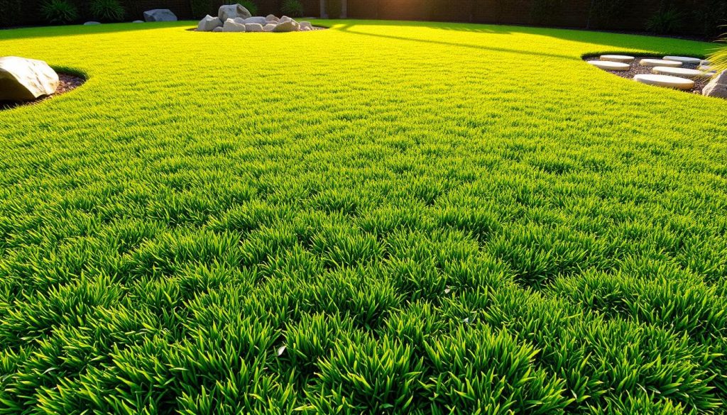 A lush, verdant carpet of premium synthetic grass covers a meticulously manicured garden, its blades glistening under the warm, golden sunlight. The synthetic turf appears remarkably lifelike, with a consistent, high-density pile and a soft, springy texture that invites barefoot strolling. Strategically placed landscape elements, such as decorative rocks and minimal plantings, accentuate the natural beauty of this superior synthetic lawn, creating a harmonious, low-maintenance outdoor oasis. A sense of tranquility and luxurious comfort pervades the scene, captured through a wide-angle lens that emphasizes the seamless integration of the premium synthetic grass into the overall landscape design.