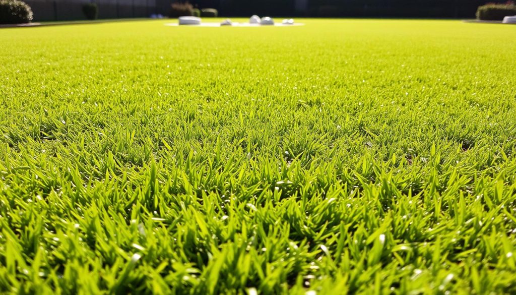 A lush, verdant expanse of synthetic grass, its blades glistening under the warm afternoon sun. The foreground features a well-manicured lawn, its uniform texture and vibrant green hue lending an air of pristine perfection. In the middle ground, a few scattered pebbles or stones add a touch of natural charm, while the background showcases a tranquil garden setting, perhaps with a few strategically placed shrubs or flowers to complement the synthetic turf. The lighting is soft and diffused, creating a welcoming and inviting atmosphere. The camera angle is slightly elevated, offering a panoramic view that highlights the seamless integration of the artificial lawn into the overall landscape design.