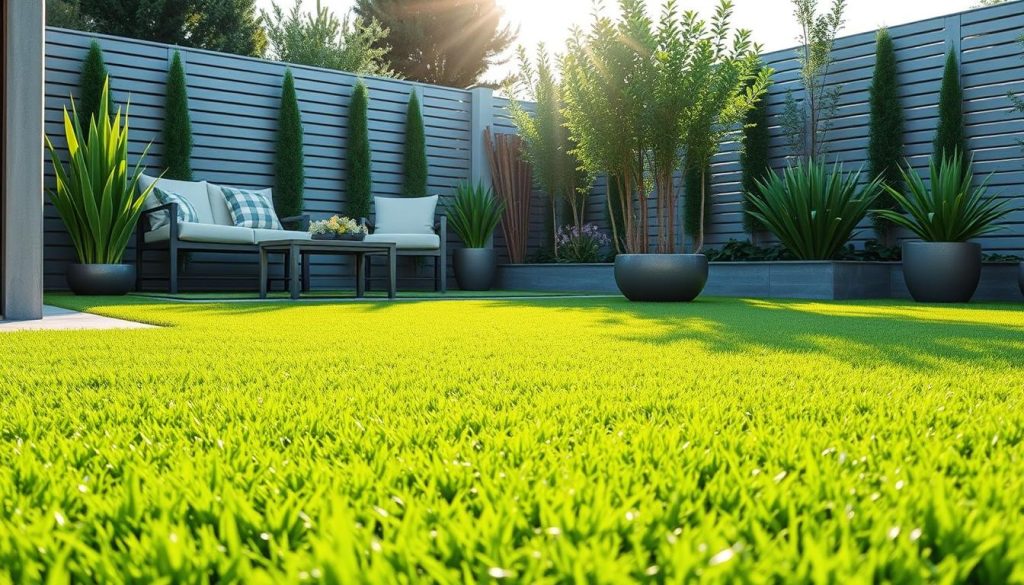 A lush, verdant expanse of synthetic turf adorns a meticulously designed garden, creating an inviting and maintenance-free outdoor oasis. Vibrant green blades capture the sun's rays, casting a warm, natural glow across the scene. Carefully placed garden accents, such as sleek patio furniture and decorative planters, complement the modern aesthetic, showcasing the effortless elegance of this low-maintenance landscape. The synthetic grass appears soft to the touch, seamlessly blending with the surrounding hardscaping to form a cohesive and visually appealing outdoor living space. Captured from a slightly elevated angle, the image showcases the refined and hassle-free nature of this synthetic turf installation, perfect for an article on transforming gardens with the latest in modern, eco-friendly landscaping solutions.