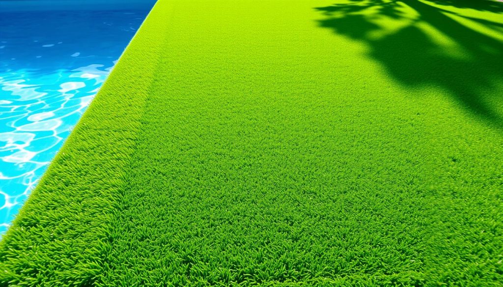 A lush, verdant synthetic lawn surrounds a shimmering, azure pool. The turf's vibrant, emerald hues contrast beautifully with the pool's crystal-clear waters. Sunlight filters through wispy clouds, casting a warm, natural glow over the scene. Meticulously trimmed edges and a seamless transition from pool to lawn create a cohesive, visually appealing landscape. Subtle textures in the synthetic grass add depth and realism, while the pool's smooth, reflective surface mirrors the sky above. This serene, well-designed outdoor oasis showcases the essential features to consider when selecting the perfect synthetic grass for an inground pool setting.