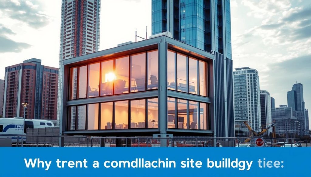 A modern, modular construction site building, standing tall against a backdrop of a bustling urban landscape. The structure features a sleek, contemporary design with clean lines and a mix of metallic and glass materials, radiating an air of efficiency and adaptability. Sunlight filters through the large windows, casting a warm glow on the interior spaces, hinting at the comfortable and functional work environment within. The building is strategically positioned, blending seamlessly with the surrounding architecture, showcasing the versatility and practicality of modular construction solutions. The scene conveys a sense of progress and innovation, perfectly aligning with the theme of "Renting a modular construction site building - Options and Pricing" and the section on "Why rent a modular construction site building today".