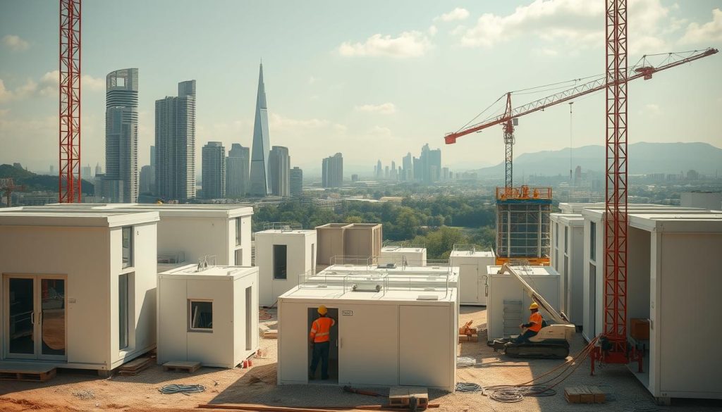 A modern, modular construction site in a warm, sunny environment. In the foreground, a series of prefabricated, interchangeable building modules are being assembled by skilled workers using advanced construction equipment. The modules feature sleek, minimalist designs with clean lines and neutral tones, blending seamlessly into the surroundings. In the middle ground, partially completed structures showcase the versatility of the modular system, adapting to different architectural styles and purposes. The background depicts a picturesque urban landscape, with towering skyscrapers and lush greenery, highlighting the integration of modular construction into the urban fabric. Warm, diffused lighting casts a soft, inviting glow, emphasizing the efficiency and sustainability of this modular construction approach.