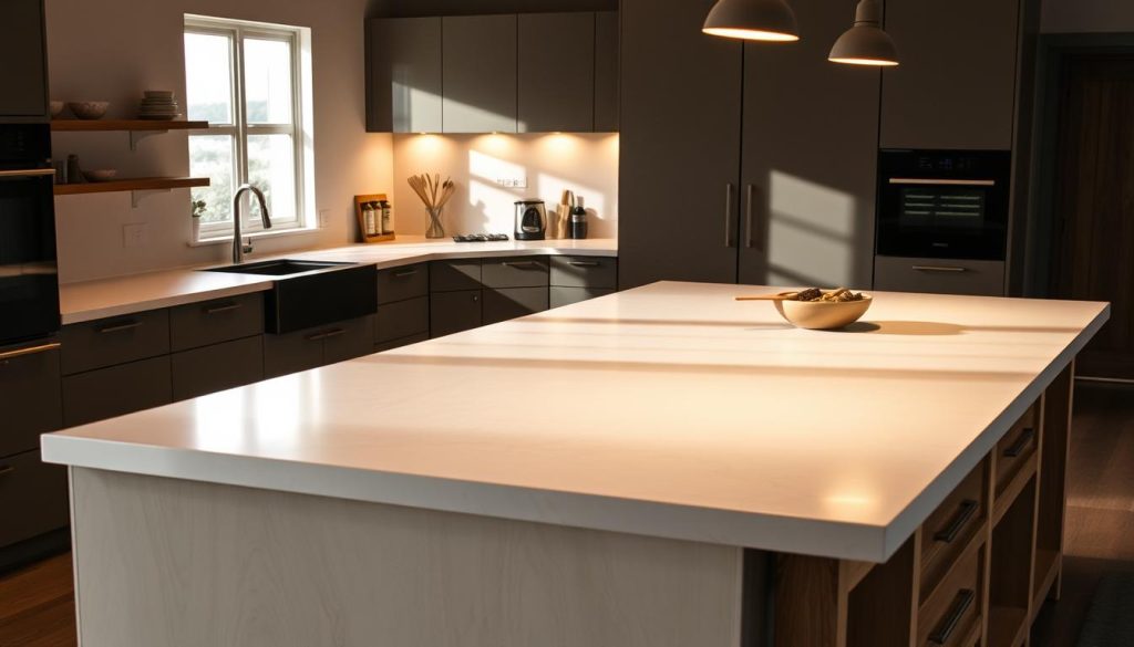 A modern, sleek kitchen countertop made of natural stone or engineered quartz, bathed in warm, directional lighting that casts soft shadows across its polished surface. The counter extends seamlessly into a matching workshop table, creating a cohesive workspace for both culinary and crafting pursuits. The overall design is minimalist yet functional, with clean lines and a neutral color palette that complements the surrounding cabinetry and appliances. The image conveys a sense of balance, efficiency, and a harmonious integration of form and function, reflecting the versatility and customization possibilities of a bespoke "plan de travail" for both kitchen and workshop. A modern, sleek kitchen countertop made of natural stone or engineered quartz, bathed in warm, directional lighting that casts soft shadows across its polished surface. The counter extends seamlessly into a matching workshop table, creating a cohesive workspace for both culinary and crafting pursuits. The overall design is minimalist yet functional, with clean lines and a neutral color palette that complements the surrounding cabinetry and appliances. The image conveys a sense of balance, efficiency, and a harmonious integration of form and function, reflecting the versatility and customization possibilities of a bespoke "plan de travail" for both kitchen and workshop.