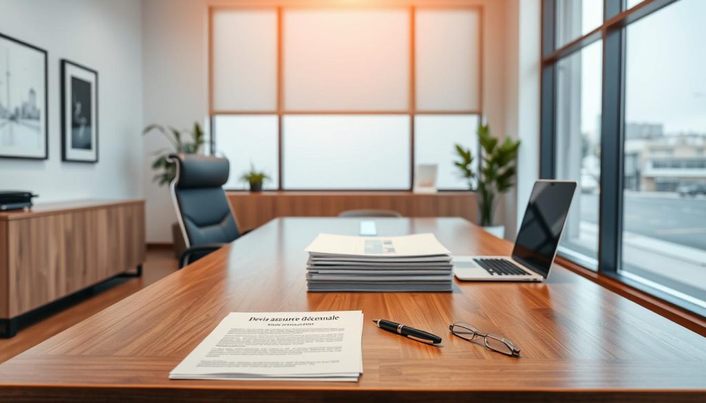 A modern, sleek office interior with a large, polished wooden desk and an ergonomic chair. On the desk, a stack of neatly organized documents labeled "Devis Assurance Décennale" sit next to a laptop and a professional-looking pen. Warm, natural lighting filters through large windows, creating a calm and focused atmosphere. The walls are adorned with minimalist artwork, and a potted plant adds a touch of greenery to the space. The overall scene conveys a sense of professionalism, efficiency, and attention to detail, reflecting the key steps involved in obtaining a "Devis Assurance Décennale" quickly and effectively.