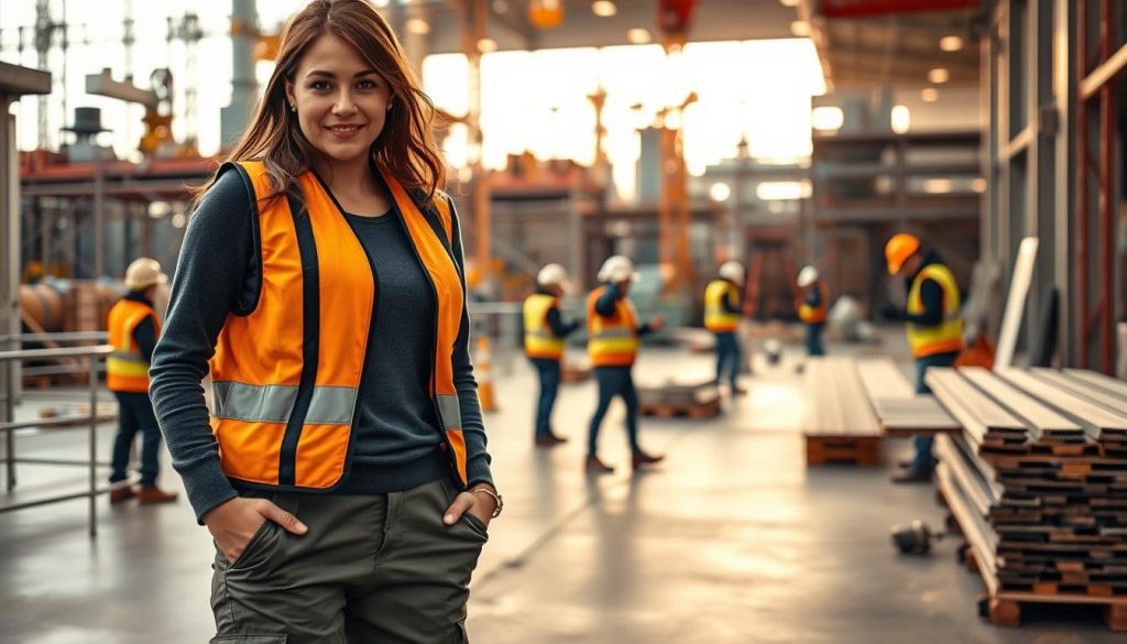 A modern, well-equipped construction site with a woman worker in the foreground, wearing a sleek, well-fitted safety vest, cargo pants, and sturdy, non-slip boots. Her face is partially visible, exuding confidence and focus. In the middle ground, other workers are engaged in various tasks, showcasing a harmonious, collaborative atmosphere. The background features a mix of industrial structures, cranes, and scaffolding, illuminated by warm, diffused lighting that creates a sense of comfort and security. The overall scene conveys a professional, yet comfortable and safe working environment for women in the construction industry. A modern, well-equipped construction site with a woman worker in the foreground, wearing a sleek, well-fitted safety vest, cargo pants, and sturdy, non-slip boots. Her face is partially visible, exuding confidence and focus. In the middle ground, other workers are engaged in various tasks, showcasing a harmonious, collaborative atmosphere. The background features a mix of industrial structures, cranes, and scaffolding, illuminated by warm, diffused lighting that creates a sense of comfort and security. The overall scene conveys a professional, yet comfortable and safe working environment for women in the construction industry.