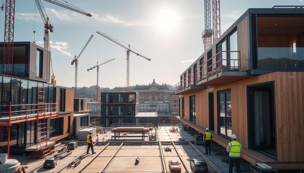 A modular construction site in the heart of a bustling French city, with sleek, contemporary prefabricated modules meticulously assembled under the warm glow of the afternoon sun. Cranes and scaffolding dot the skyline, while workers in high-visibility vests carefully guide the modules into place. The foreground features a mix of materials, including glass, steel, and timber, creating a visually striking and eco-friendly design. In the middle ground, a well-organized site layout showcases the efficiency and speed of modular construction. The background depicts the city's historic architecture, seamlessly blending the modern and the traditional. An atmosphere of progress and innovation pervades the scene, highlighting the advantages of modular building solutions in France.