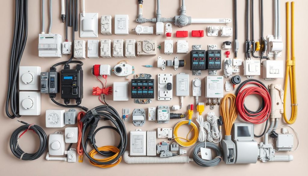 A neatly organized array of various electrical components and devices used in building construction, including circuit breakers, electrical outlets, switches, cables, and conduits. The scene is well-lit, showcasing the intricate details and textures of the materials against a neutral, clean background. The layout suggests a practical, functional aesthetic suitable for a construction or home improvement guide. The lighting is balanced, creating subtle shadows and highlights to emphasize the three-dimensional nature of the objects. The camera angle is slightly elevated, providing a comprehensive view of the diverse electrical matériel. A neatly organized array of various electrical components and devices used in building construction, including circuit breakers, electrical outlets, switches, cables, and conduits. The scene is well-lit, showcasing the intricate details and textures of the materials against a neutral, clean background. The layout suggests a practical, functional aesthetic suitable for a construction or home improvement guide. The lighting is balanced, creating subtle shadows and highlights to emphasize the three-dimensional nature of the objects. The camera angle is slightly elevated, providing a comprehensive view of the diverse electrical matériel.