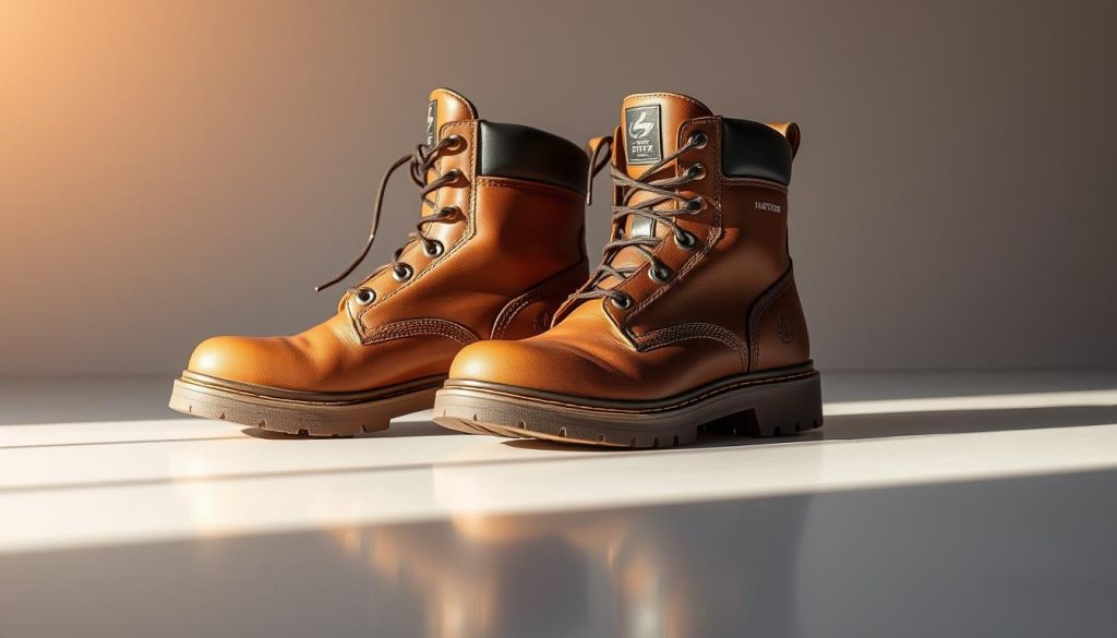 A pair of sturdy, S1P-certified work boots with a steel toe cap, anti-slip rubber sole, and padded ankle support. The boots are meticulously crafted from high-quality leather, with a sleek, minimalist design that exudes both functionality and style. Subtle branding elements and reflective accents add a touch of modern flair. The boots are positioned on a clean, well-lit surface, showcasing their rugged construction and attention to detail. The lighting creates warm, directional shadows, highlighting the contours and textures of the leather. The background is a muted, neutral tone, allowing the boots to take center stage and emphasize their purpose as essential personal protective equipment for the construction industry.