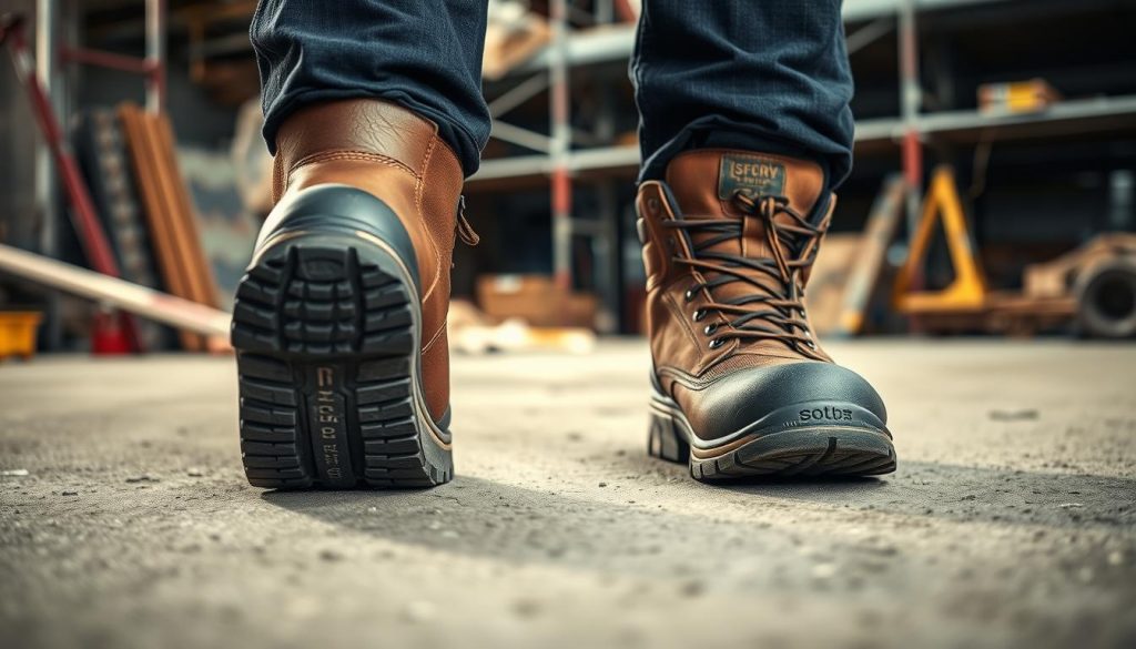 A pair of sturdy construction site safety boots in the foreground, their rugged soles and protective steel toes visible. The mid-ground shows the boots worn by a construction worker on a worksite, with scaffolding, tools, and building materials in the background, conveying a sense of an active, hazardous environment. Soft, directional lighting illuminates the scene, casting subtle shadows and highlighting the textured surfaces of the boots and surrounding elements. The overall mood is one of functionality, safety, and the realities of a challenging work environment in the building trades.