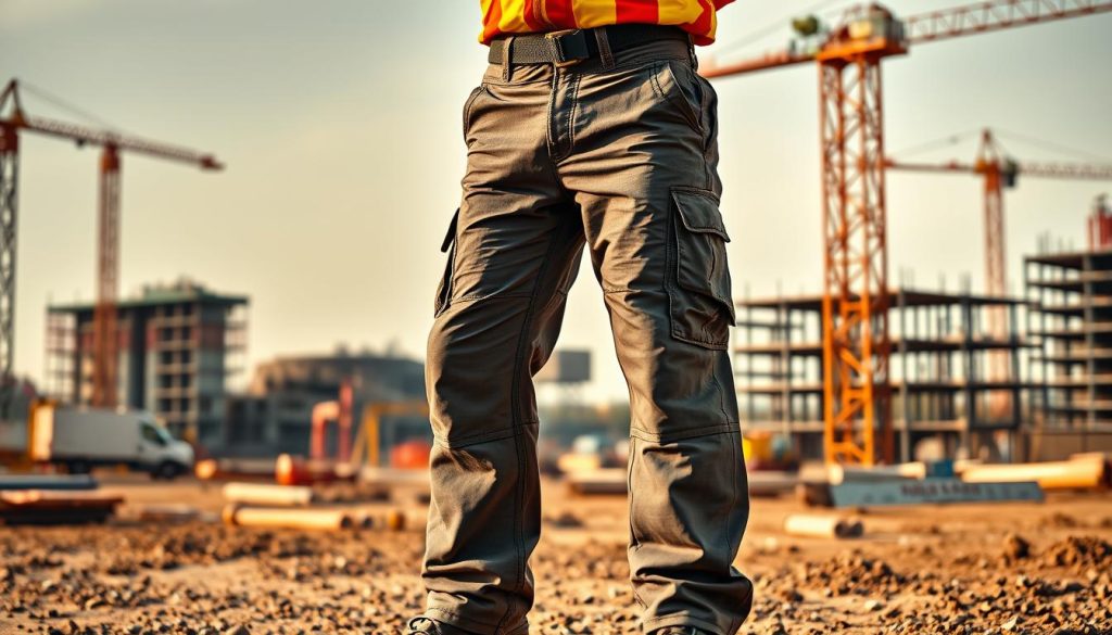 A pair of sturdy, well-designed work pants for the modern construction site. The foreground features a close-up view of the pants, showcasing the rugged, reinforced fabric, multiple pockets, and adjustable waistband. The middle ground highlights the pants in use, worn by a worker on a busy construction site, surrounded by tools, machinery, and building materials. The background provides a panoramic view of the site, with cranes, scaffolding, and a partially completed structure. The lighting is warm and natural, casting shadows that accentuate the texture and details of the pants. The overall mood conveys a sense of functionality, durability, and the active, demanding nature of work in the construction industry.