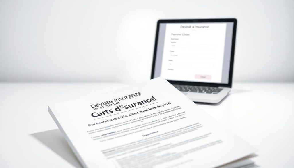 A professional, minimalist business-style image of a decennial insurance contract. Set against a clean, bright background with soft, even lighting. In the foreground, a hardcover insurance document with a title and official-looking details in French. The document is resting on a desk or table, casting a subtle shadow. In the middle ground, a tablet or laptop displaying an online insurance quote form, with fields for entering company details. The overall mood is one of efficiency, reliability, and trustworthiness - capturing the essence of "Devis d'assurance décennale immédiat en ligne pour les professionnels du bâtiment".
