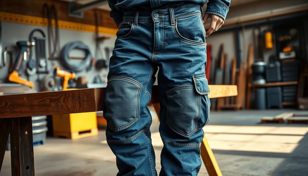 A rugged pair of work pants, crafted from sturdy denim, lies against a workbench in a well-lit, industrial workshop. The pants feature reinforced knees and pockets, designed to withstand the rigors of construction and manual labor. Warm, natural lighting casts a soft glow, highlighting the detailed stitching and worn-in texture of the fabric. In the background, a wall of tools and equipment suggests the practical, no-nonsense nature of the workspace. The overall scene conveys a sense of durability, functionality, and the hardworking spirit of the French construction industry.
