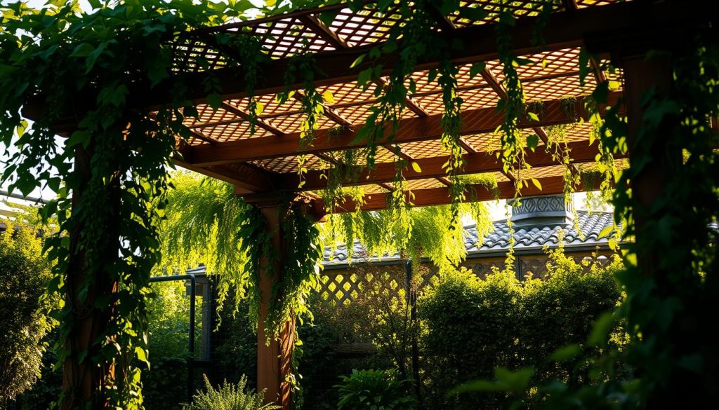 A serene emplacement pergola nestled in a lush garden, illuminated by warm, natural lighting. The structure features intricate lattice-work, supporting lush, verdant vines that cascade gracefully. The scene evokes a sense of tranquility and relaxation, with the pergola offering a welcoming respite from the outdoor elements. The angle captures the pergola's elegant design, highlighting its harmonious integration with the surrounding landscape. The overall atmosphere conveys the bioclimatic benefits of this type of structure, inviting the viewer to envision the pleasures of spending time within its shaded, plant-filled embrace.
