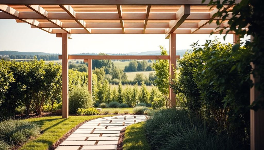 A serene outdoor setting showcasing the perfect emplacement for a bioclimatic pergola. In the foreground, a well-manicured garden path leads the eye towards the focal point - a sleek, modern pergola structure crafted from light-colored wood and complementary metal accents. The pergola's adjustable louvered roof panels create a harmonious interplay of light and shadow, casting a warm, dappled glow across the scene. The middle ground features lush, verdant foliage that frames the pergola, hinting at a tranquil surrounding landscape. In the background, a hint of a picturesque rural setting, perhaps rolling hills or a distant tree line, provides a calming backdrop. The overall composition conveys a sense of balance, functionality, and a deep connection to the natural world.