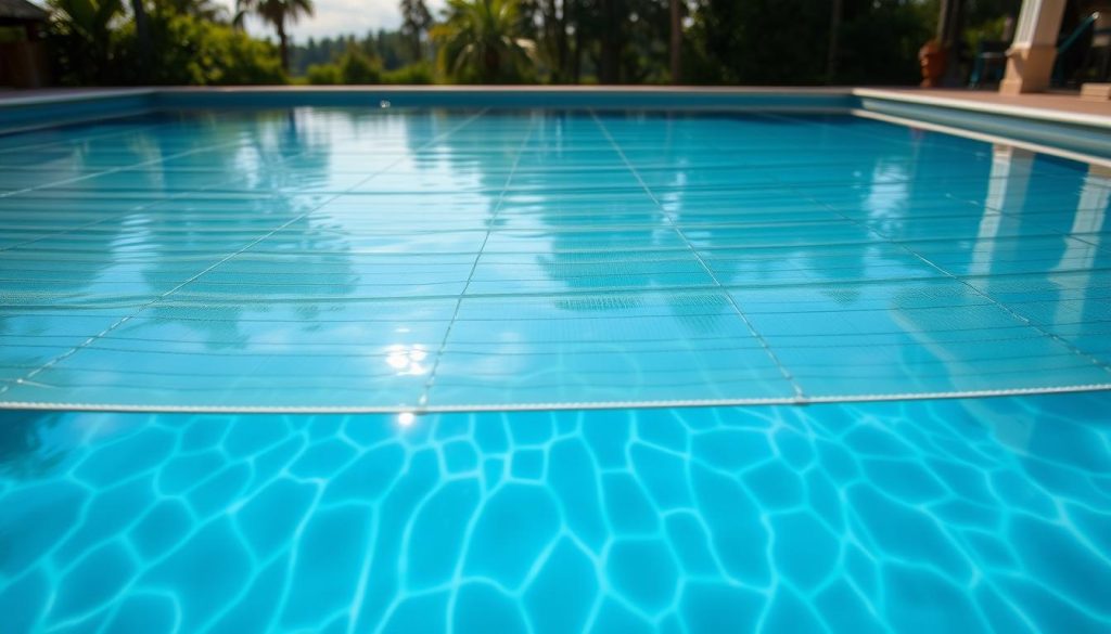 A serene pool surrounded by a sleek, transparent pool safety net, effortlessly blending into the tranquil atmosphere. The net stretches across the water's surface, providing a secure barrier to prevent accidental falls, while allowing sunlight and fresh air to filter through. The pool's crystal-clear waters reflect the lush greenery and blue sky above, creating a harmonious, natural setting. The net's taut, unobtrusive design complements the pool's elegant architecture, seamlessly integrating safety and style. Soft, diffused lighting illuminates the scene, casting a warm, inviting glow across the serene outdoor oasis.