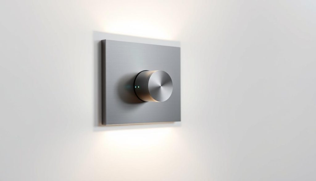 A sleek and modern light dimmer switch, its elegant brushed-metal face plate contrasting with the smooth, angled body. The dimmer knob is prominently featured, inviting interaction, with a subtle LED halo illuminating its position. The switch is mounted flush against a pristine white wall, creating a minimalist, high-end aesthetic. Soft, diffused lighting emanates from the dimmed bulb, casting a warm and inviting glow throughout the space. The overall composition highlights the dimmer's intuitive design and ability to precisely control the ambiance, making it an attractive alternative to a basic on/off switch.