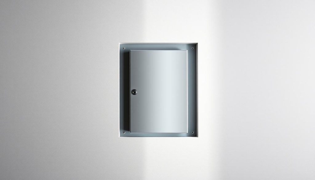 A sleek, modern electrical panel nestled within a minimalist, well-lit interior. The panel's metal housing gleams under crisp, directional lighting, casting subtle shadows that highlight its clean lines and functional design. The background features a neutral, textured wall, allowing the panel to take center stage. The composition emphasizes the panel's importance as the heart of the building's electrical system, conveying a sense of order, control, and technical sophistication. The overall mood is one of efficiency, precision, and a touch of industrial chic, capturing the essence of a high-quality electrical panel for a residential or commercial space.