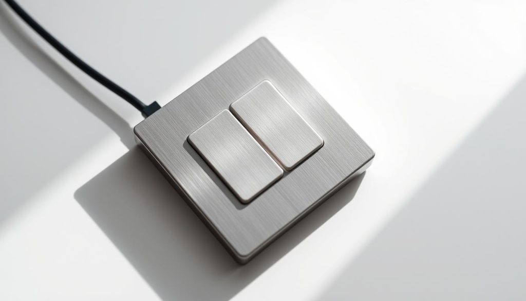 A sleek, modern variateur (light dimmer) for electrical installations, placed on a clean, white surface. The variateur is made of high-quality materials, with a smooth, brushed metal finish and simple, intuitive controls. Soft, indirect lighting illuminates the device, casting subtle shadows and highlights to showcase its elegant design. The overall scene conveys a sense of sophistication and functionality, reflecting the technical principles and safety considerations of using a variateur in a home or commercial electrical setup.