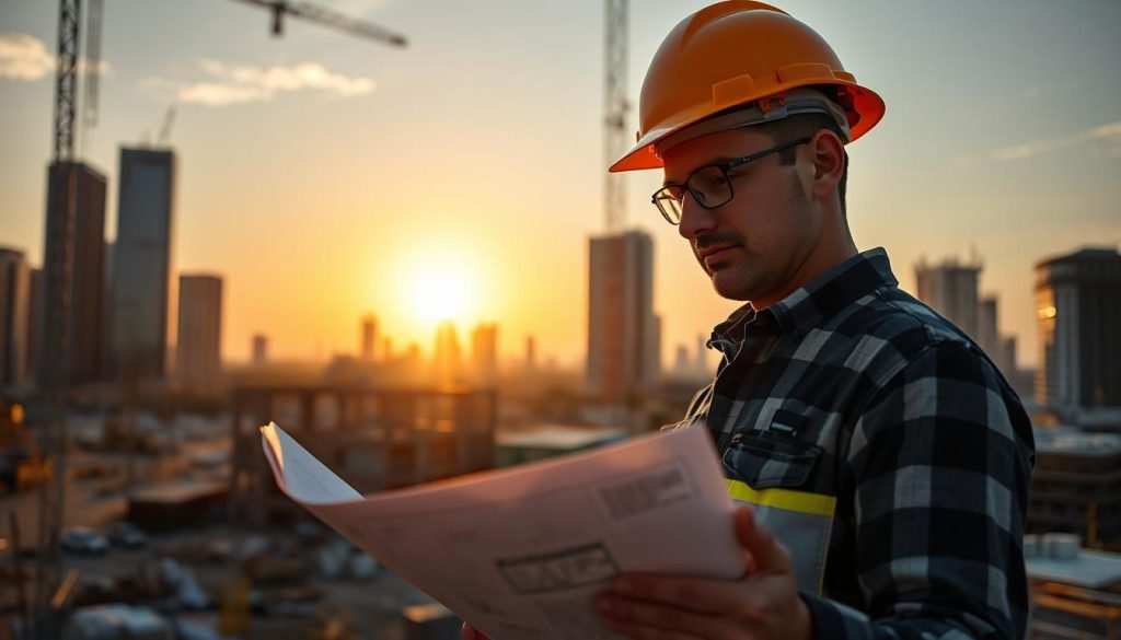 A tranquil construction site bathed in warm, golden sunlight, with a sturdy building in the middle ground. In the foreground, a construction worker in a hard hat carefully inspecting blueprints, conveying a sense of diligence and responsibility. The background features a cityscape with towering skyscrapers, suggesting the importance of this project within the larger urban landscape. Emphasis is placed on the worker's confident expression, highlighting the assurance and security provided by a well-planned, properly insured construction project. The overall mood is one of professionalism, stability, and a commitment to quality.