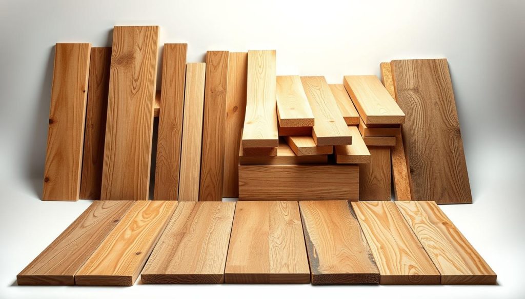 A well-lit, high-angle studio shot showcasing an assortment of wooden planks in various shades and grains, arranged on a clean white surface. The foreground features a selection of premium hardwood boards, their smooth, polished surfaces reflecting the studio lighting. In the middle ground, a range of softwood boards in different widths and lengths, each with distinct knots and natural patterns. The background fades into a soft, neutral gradient, drawing the viewer's focus to the diverse "gamme qualité prix bois" on display. The overall composition conveys a sense of quality, versatility, and the perfect blend of price points to suit any woodworking or home improvement project.