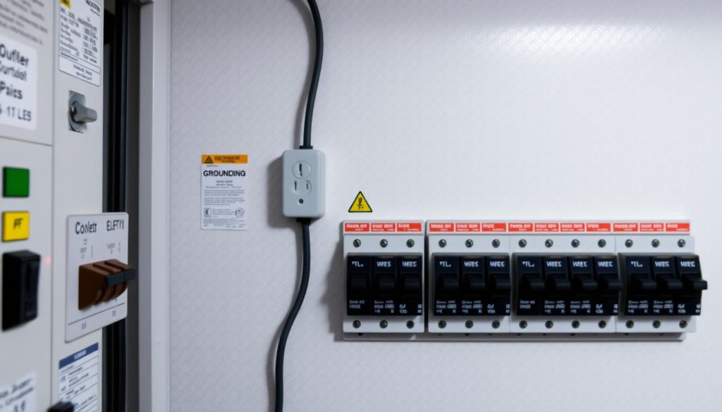 A well-lit, modern electrical panel with clear labels and safety features. In the foreground, a series of circuit breakers, each with an on/off switch and indicator light, showcasing the importance of proper electrical safety. In the middle ground, a grounded outlet and warning labels emphasize the need for grounding and adherence to building codes. The background features a clean, minimalist wall with a subtle pattern, creating a sense of order and organization. The overall atmosphere conveys a message of safety, reliability, and attention to detail - essential considerations for responsible electrical installations in the construction industry. A well-lit, modern electrical panel with clear labels and safety features. In the foreground, a series of circuit breakers, each with an on/off switch and indicator light, showcasing the importance of proper electrical safety. In the middle ground, a grounded outlet and warning labels emphasize the need for grounding and adherence to building codes. The background features a clean, minimalist wall with a subtle pattern, creating a sense of order and organization. The overall atmosphere conveys a message of safety, reliability, and attention to detail - essential considerations for responsible electrical installations in the construction industry.