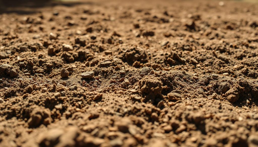A well-tilled and loose soil surface, freshly cultivated and raked to a fine, crumbly texture. Sunlight gently illuminates the soil, casting soft shadows that define the granular details. The foreground features a close-up view, highlighting the soil's rich, earthy hues and the intricate patterns formed by the loosened earth. In the middle ground, the soil transitions into a broader expanse, inviting the viewer to imagine the expansive space waiting to be covered by a lush, synthetic lawn. The background is softly blurred, creating a sense of depth and focus on the prepared ground. The overall mood is one of anticipation, as this meticulously prepared soil sets the stage for the installation of a beautiful, low-maintenance synthetic turf.