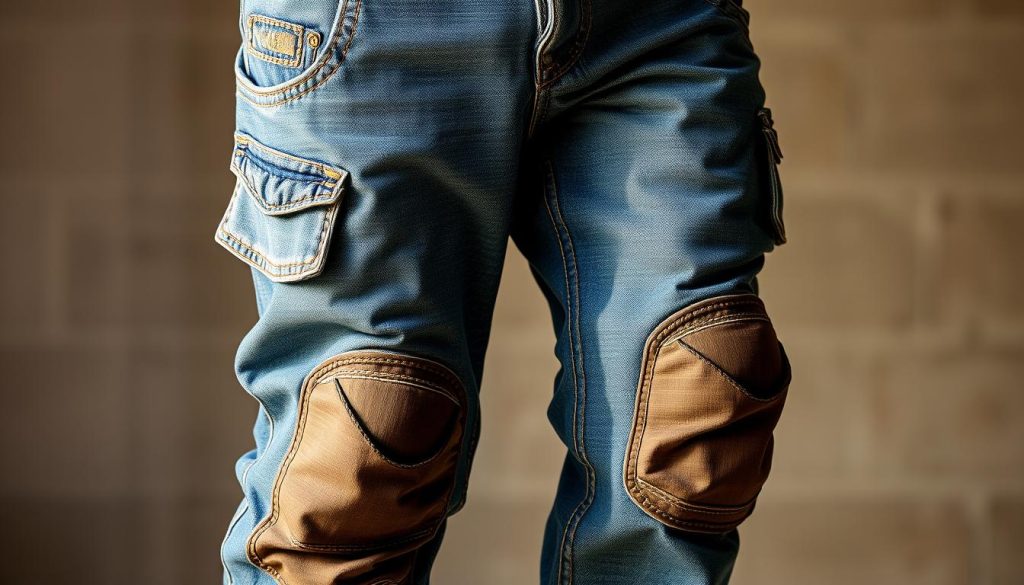 A well-worn, durable pair of blue jeans with reinforced knees and pockets, perfect for construction work. The fabric has a rugged, weathered texture, with subtle fading and distressing. The fit is slightly relaxed, allowing for easy movement on the job site. Brass hardware and stitching accents add a touch of industrial style. The jeans are illuminated by warm, natural lighting, casting soft shadows and highlights that accentuate the material's depth and texture. The scene is set against a blurred, neutral background, keeping the focus on the detailed craftsmanship of the workwear.