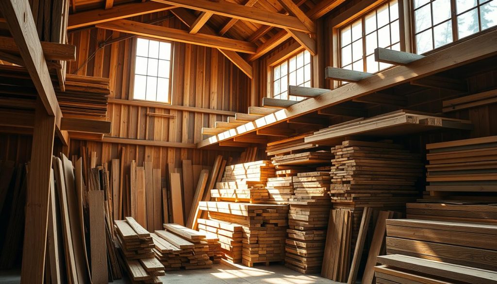 An interior view of a woodworking workshop, showcasing a collection of wooden beams, rafters, and planks arranged in an organized manner. The scene is illuminated by natural light streaming through large windows, casting warm, soft shadows across the wood surfaces. The grain patterns and textures of the timber are clearly visible, highlighting the natural beauty and quality of the materials. The overall composition creates a sense of order and craftsmanship, reflecting the focus on construction and home improvement. The image conveys a peaceful, productive atmosphere, suitable for illustrating a section on selecting wood for building and home projects.