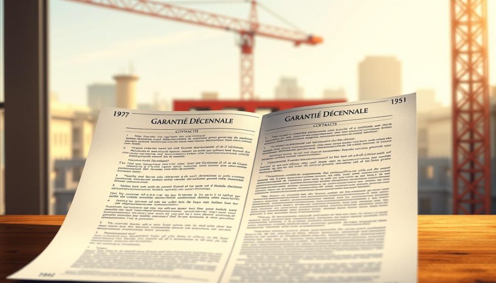 Detailed architectural illustration of a "garantie décennale" contract document, showcasing its legal framework and scope. Prominent in the foreground, the document lies open, its pages meticulously rendered with intricate text and official seals. Behind it, a stylized building or construction site serves as the middle ground, highlighting the context of the auto-entrepreneur's work and the legal obligations covered by the "garantie décennale". The background features a softly blurred cityscape, conveying a sense of professionalism and the broader construction industry. The lighting is warm and directional, casting subtle shadows that lend depth and dimensionality to the scene. The overall mood is one of authority, precision, and the importance of understanding this critical insurance policy for self-employed construction professionals.