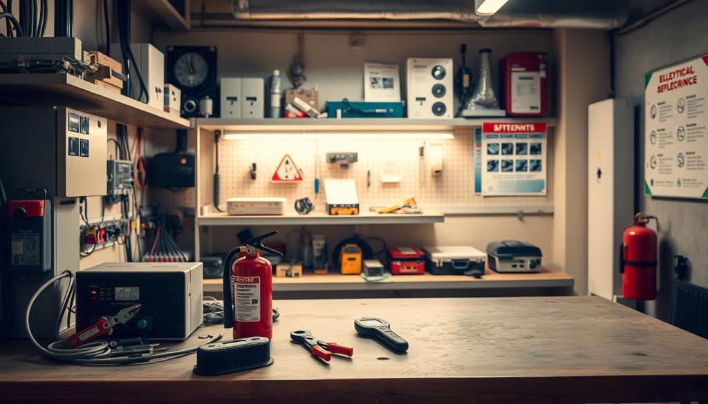 Sécurité: a well-lit workspace with electrical components and safety equipment. In the foreground, a sturdy workbench with an array of electrical tools and a fire extinguisher. In the middle ground, a power outlet, wire cutters, and a voltmeter. The background features shelves stocked with electrical components, safety manuals, and a poster highlighting safety guidelines. Soft, warm lighting illuminates the scene, evoking a sense of professionalism and attention to detail. The overall atmosphere conveys a commitment to safety and compliance when working with electrical systems.