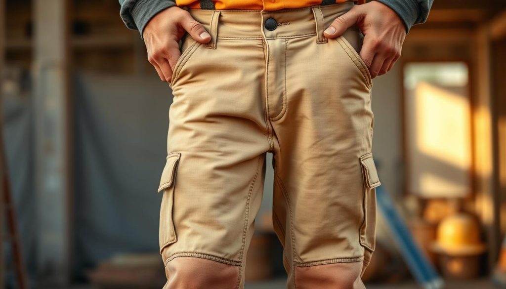Workpants in a construction worker's hands, worn and weathered, signifying durability. Smooth, sturdy fabric in a neutral tone, complemented by reinforced knee and seat areas for enhanced functionality. The pants hang with a relaxed, comfortable fit, ready for a day on the job site. Warm, natural lighting casts a soft glow, highlighting the utilitarian design elements that prioritize safety and practicality. The scene conveys a sense of professionalism and reliability, embodying the essential criteria of workwear for the construction industry.