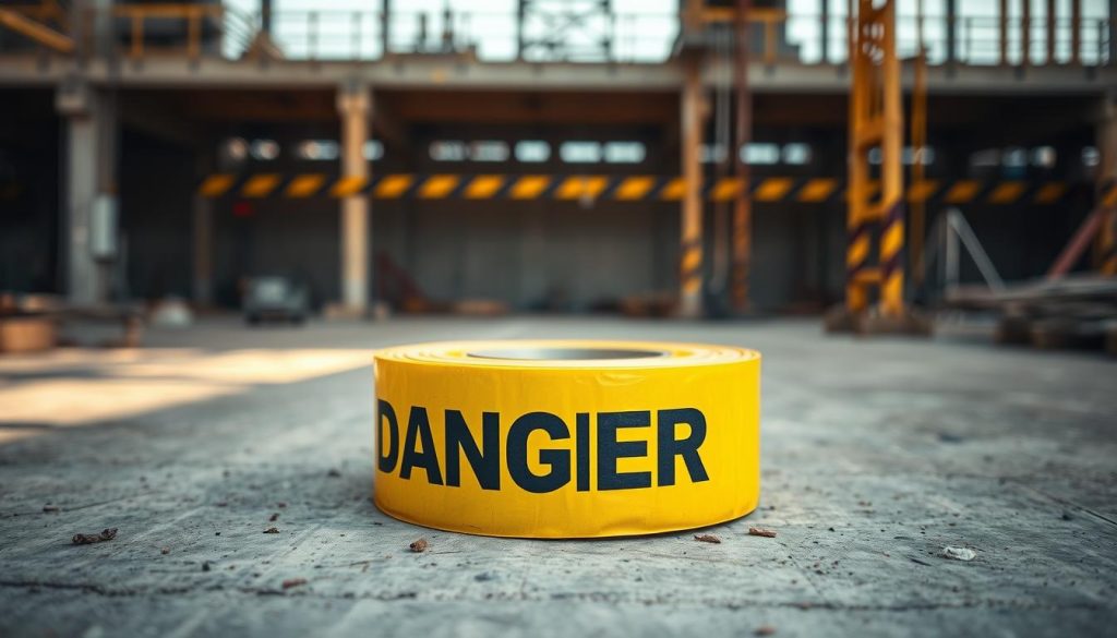 A construction site backdrop with a large, prominent roll of high-quality yellow caution tape occupying the foreground. The tape has a matte finish and displays a bold, black "DANGER" warning label. The lighting is natural, with soft shadows and a subtle warm tone, conveying a sense of utility and industrial purpose. The composition places the tape in the center, drawing the viewer's eye and highlighting its purpose as a key tool for construction site safety and organization. The overall scene evokes the practical, no-nonsense nature of construction work and the importance of proper safety equipment.