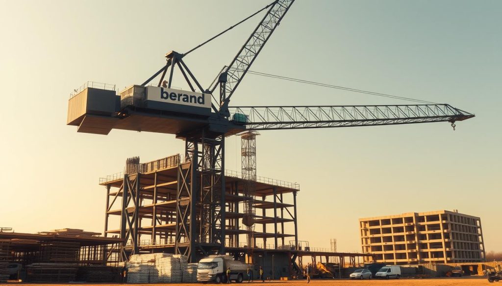 A heavy-duty brand "ponr roulant" crane looming over a construction site, its massive steel structure casting long shadows across the scaffolding and piles of materials below. The crane's jib extends gracefully, ready to lift and transport large, bulky objects with ease. The scene is bathed in warm, golden light, conveying a sense of productivity and progress. In the foreground, workers scurry about, coordinating the movement of the crane and the placement of its cargo. The background features a partially constructed building, hinting at the scale and complexity of the ongoing project. The overall atmosphere is one of efficient, well-orchestrated construction, with the "ponr roulant" crane serving as the focal point and workhorse of the worksite.