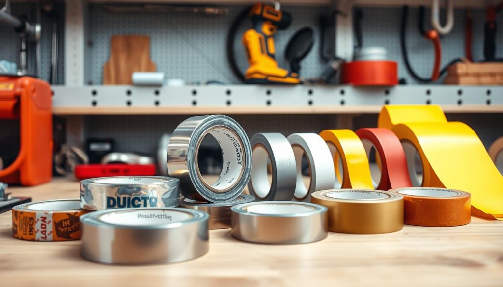 A neatly organized workbench with various types of adhesive tapes, including a prominent roll of silver duct tape. The tapes are arranged in a methodical, step-by-step fashion, suggesting a structured approach to selecting the appropriate tape for construction tasks. Bright, even lighting illuminates the scene, creating a clean, professional atmosphere. The camera angle is slightly elevated, providing a comprehensive view of the setup. The overall composition conveys a sense of efficiency, attention to detail, and a systematic decision-making process for choosing the right adhesive solution.