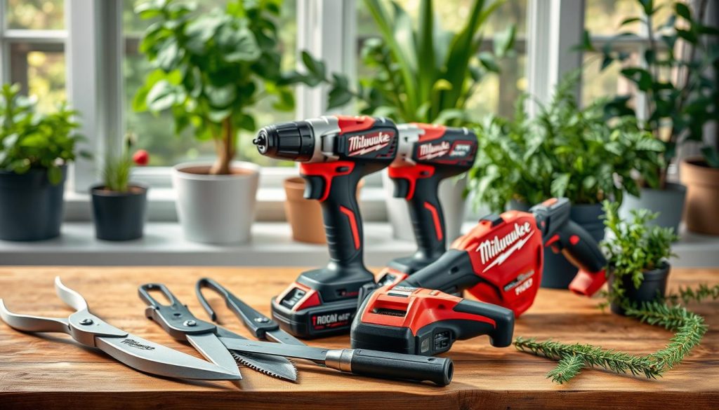 A well-lit, detailed still life featuring a collection of high-quality Milwaukee gardening tools arranged on a wooden workbench. The foreground showcases a pruning shears, garden trowel, and loppers, all gleaming with a metallic finish. In the middle ground, a Milwaukee cordless power drill and hedge trimmer are positioned, their sleek designs and vibrant brand logos prominently displayed. The background features potted plants, a lush greenery-filled window, and soft, natural lighting, creating a serene, inspirational atmosphere for the viewer to envision their ideal garden setup. The overall composition conveys a sense of professionalism, craftsmanship, and Milwaukee's commitment to providing reliable, versatile tools for the discerning gardener.