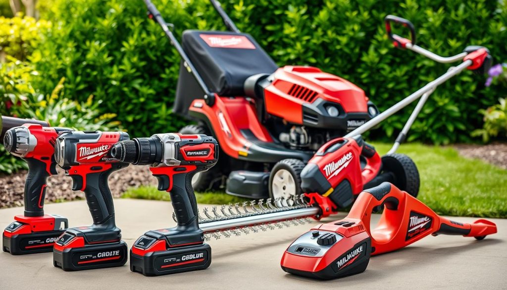 A well-lit, high-angle photograph of an assortment of Milwaukee garden tools showcasing their advanced features and premium construction. In the foreground, a cordless power drill, hedge trimmer, and leaf blower stand prominently, their sleek designs and vibrant branding visible. In the middle ground, a robust lawnmower and string trimmer are positioned, highlighting the power and precision of Milwaukee's outdoor power equipment. The background features a lush, verdant garden backdrop, emphasizing the tools' suitability for tackling diverse landscaping tasks. The overall scene conveys the durability, versatility, and professional-grade capabilities of the Milwaukee tools, making them an ideal choice for discerning gardeners and landscapers.