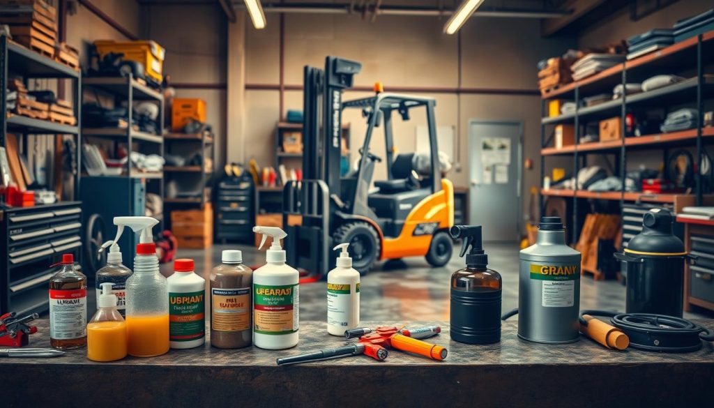 A well-lit lubrication workshop, with a focus on a hydraulic lift or forklift. The foreground showcases a range of professional-grade lubricants, grease guns, and other maintenance tools neatly arranged on a sturdy workbench. In the middle ground, a meticulously maintained forklift stands on a clean, oil-stained concrete floor, its components glistening with freshly applied lubricant. The background features shelves stocked with spare parts, manuals, and other equipment, conveying a sense of a comprehensive, well-equipped facility dedicated to the proper care and upkeep of heavy machinery. The lighting is warm and natural, casting a welcoming, functional atmosphere over the scene.