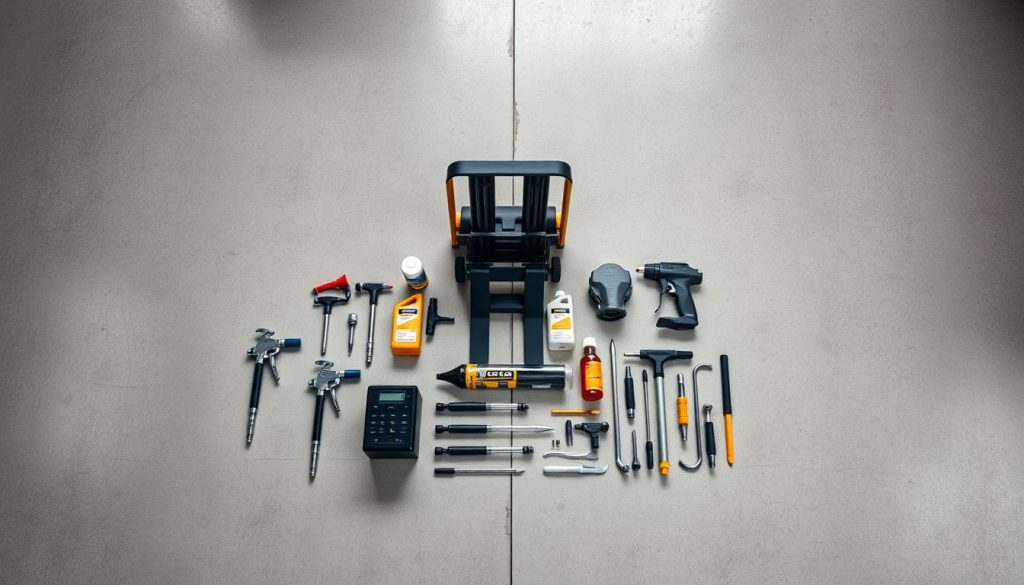 A well-organized and meticulously detailed forklift lubrication kit resting on a smooth, pristine concrete surface. The kit features an array of specialized grease guns, lubricants, and maintenance tools arranged in a visually appealing and harmonious layout. Soft, diffused lighting from an overhead source casts gentle shadows, highlighting the metallic textures and sleek design of the equipment. The overall mood is one of precision, efficiency, and professional care, perfectly suiting the subject matter of forklift maintenance and servicing.