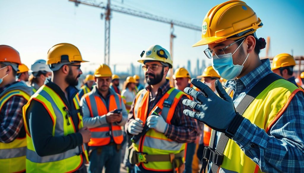 A busy construction site with a clear focus on connected personal protective equipment (PPE) being used by workers. In the foreground, a diverse group of workers in professional safety gear—hard hats, high-visibility vests, and smart helmets with integrated technology—are engaged in tasks. In the middle ground, showcase various connected devices like smart gloves and harnesses that monitor safety metrics in real-time. A crane and scaffolding provide depth, enhancing the industrial atmosphere. The background features a clear blue sky and distant city skyline, symbolizing innovation and progress. Soft sunlight illuminates the scene, creating a vibrant and motivational mood, emphasizing the effectiveness and advanced technology of connected PPE in ensuring safety on the job site. A busy construction site with a clear focus on connected personal protective equipment (PPE) being used by workers. In the foreground, a diverse group of workers in professional safety gear—hard hats, high-visibility vests, and smart helmets with integrated technology—are engaged in tasks. In the middle ground, showcase various connected devices like smart gloves and harnesses that monitor safety metrics in real-time. A crane and scaffolding provide depth, enhancing the industrial atmosphere. The background features a clear blue sky and distant city skyline, symbolizing innovation and progress. Soft sunlight illuminates the scene, creating a vibrant and motivational mood, emphasizing the effectiveness and advanced technology of connected PPE in ensuring safety on the job site.