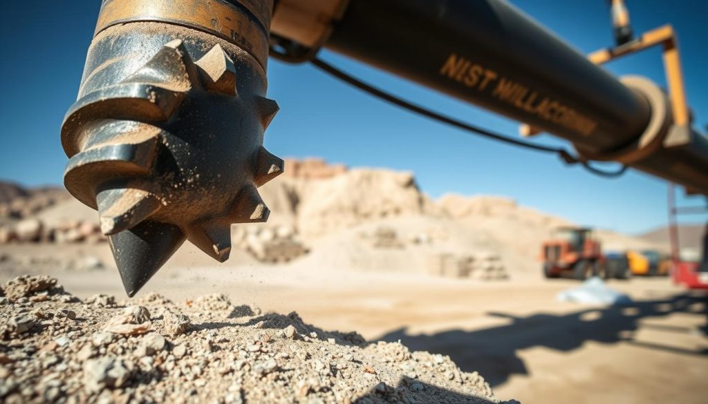 A close-up view of a dry coring drill in action, extracting a cylindrical core sample from a solid rock formation. In the foreground, the drill bit is highlighted, showing its sharp, rugged edges, with fine drifts of dust and small fragments scattered around. The middle ground features a rugged landscape, indicating a construction site, with piles of rock samples and essential coring equipment. The background showcases a clear blue sky, emphasizing a bright and productive atmosphere. The lighting is bright and natural, casting subtle shadows that enhance the textures of the rock and the drill. The overall mood is one of precision and technological advancement, illustrating the efficiency and effectiveness of dry coring techniques. A close-up view of a dry coring drill in action, extracting a cylindrical core sample from a solid rock formation. In the foreground, the drill bit is highlighted, showing its sharp, rugged edges, with fine drifts of dust and small fragments scattered around. The middle ground features a rugged landscape, indicating a construction site, with piles of rock samples and essential coring equipment. The background showcases a clear blue sky, emphasizing a bright and productive atmosphere. The lighting is bright and natural, casting subtle shadows that enhance the textures of the rock and the drill. The overall mood is one of precision and technological advancement, illustrating the efficiency and effectiveness of dry coring techniques.