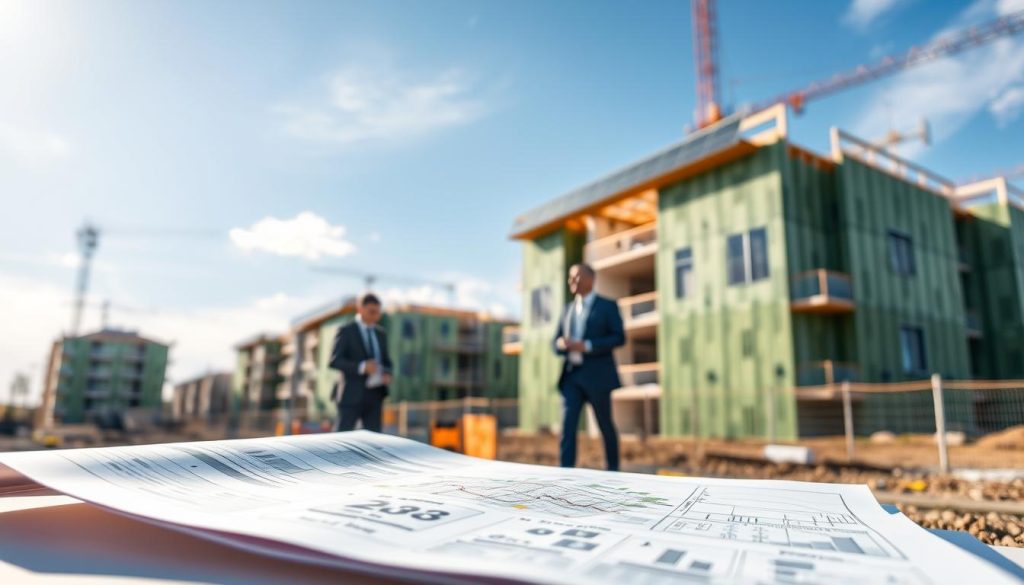 A close-up view of a modern construction site showcasing a building in transition from RT2012 to RE2020 regulatory standards. In the foreground, a detailed construction plan featuring eco-friendly materials and low-carbon solutions. In the middle ground, professionals in smart business attire discuss the plans, highlighting innovation and collaboration. The background features partially constructed buildings equipped with solar panels and green insulation materials, under a clear blue sky with soft sunlight casting dynamic shadows. The overall atmosphere conveys a sense of progress and environmental responsibility, emphasizing the shift towards sustainable architecture. The image should have a slight depth of field effect, focusing on the construction plan while softly blurring the background.