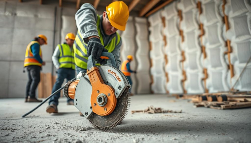 A construction site featuring a concrete groove cutter in action, showcasing a technician in professional work attire using the tool efficiently. In the foreground, the groove cutter is prominently displayed, with its blade visibly cutting into concrete. The middle ground reveals workers coordinating with each other, wearing safety gear, and focused on the installation process. In the background, partially completed wall insulation can be seen, hinting at an exterior thermal insulation (ITE) project. Soft, natural lighting illuminates the scene, creating a realistic and motivating atmosphere. The angle is slightly elevated, capturing the dynamics of the workers and the crucial equipment in a clear and engaging manner.