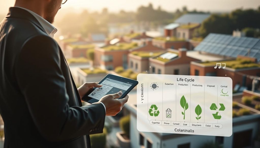 A detailed analysis cycle vignette, showcasing the life cycle assessment process for sustainable materials in low-carbon construction. In the foreground, a professional in business attire reviews a digital tablet displaying environmental data. The middle ground features a visual representation of a life cycle chart, illustrating stages like extraction, production, use, and disposal of materials, each labeled with eco-friendly symbols (like leaves and recycling arrows). The background presents a serene landscape of eco-friendly buildings with green roofs and solar panels, bathed in soft, natural light. The scene is shot from a slightly elevated angle to provide depth, creating a mood of innovation and environmental responsibility, emphasizing the importance of sustainable practices in construction.