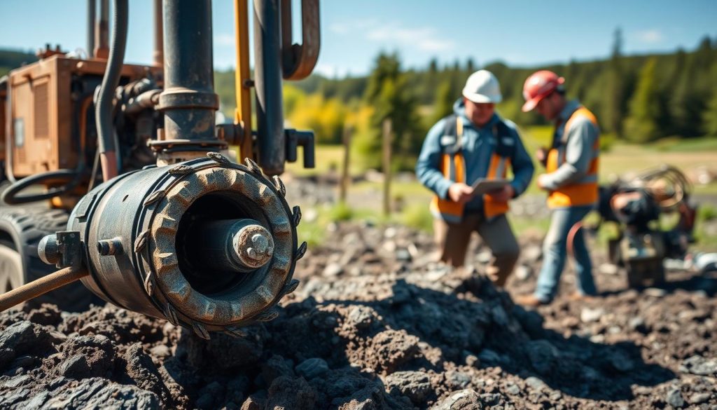 A detailed scene depicting a water core drilling operation. In the foreground, a specialized drilling rig equipped with a diamond-tipped core bit is actively extracting a cylindrical core sample from a rocky surface. In the middle ground, a team of two professional geologists, wearing sturdy work gear and safety helmets, analyze the core sample. They are focused and engaged in discussion, highlighting the scientific importance of the process. In the background, a lush landscape with distant trees and a clear blue sky adds depth to the image. Natural sunlight illuminates the scene, casting soft shadows and enhancing the colors of the earth and equipment. The mood is one of professionalism and diligence, illustrating the performance and durability of water coring techniques. A detailed scene depicting a water core drilling operation. In the foreground, a specialized drilling rig equipped with a diamond-tipped core bit is actively extracting a cylindrical core sample from a rocky surface. In the middle ground, a team of two professional geologists, wearing sturdy work gear and safety helmets, analyze the core sample. They are focused and engaged in discussion, highlighting the scientific importance of the process. In the background, a lush landscape with distant trees and a clear blue sky adds depth to the image. Natural sunlight illuminates the scene, casting soft shadows and enhancing the colors of the earth and equipment. The mood is one of professionalism and diligence, illustrating the performance and durability of water coring techniques.